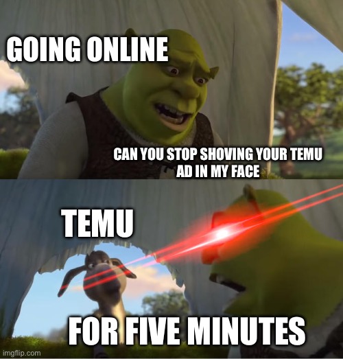 Temu | GOING ONLINE; CAN YOU STOP SHOVING YOUR TEMU
AD IN MY FACE; TEMU; FOR FIVE MINUTES | image tagged in shrek for five minutes | made w/ Imgflip meme maker