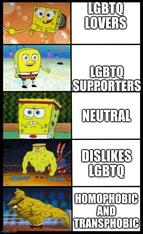 Increasingly Buff Spongebob | LGBTQ LOVERS LGBTQ SUPPORTERS NEUTRAL DISLIKES LGBTQ HOMOPHOBIC AND TRANSPHOBIC | image tagged in increasingly buff spongebob | made w/ Imgflip meme maker