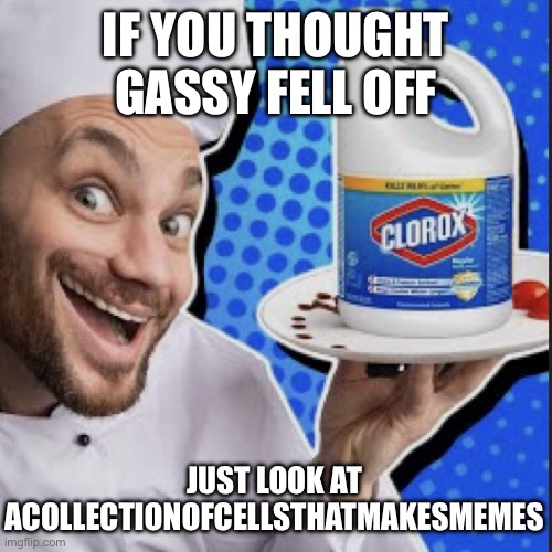 Chef serving clorox | IF YOU THOUGHT GASSY FELL OFF; JUST LOOK AT ACOLLECTIONOFCELLSTHATMAKESMEMES | image tagged in chef serving clorox | made w/ Imgflip meme maker