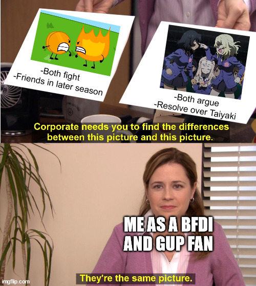 It's true the more you think about it. | -Both fight
-Friends in later season; -Both argue
-Resolve over Taiyaki; ME AS A BFDI AND GUP FAN | image tagged in memes,they're the same picture,girls und panzer,bfdi | made w/ Imgflip meme maker