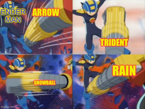 Megaman.EXE punch dodge | ENDER MAN; ARROW; TRIDENT; RAIN; SNOWBALL | image tagged in megaman exe punch dodge | made w/ Imgflip meme maker