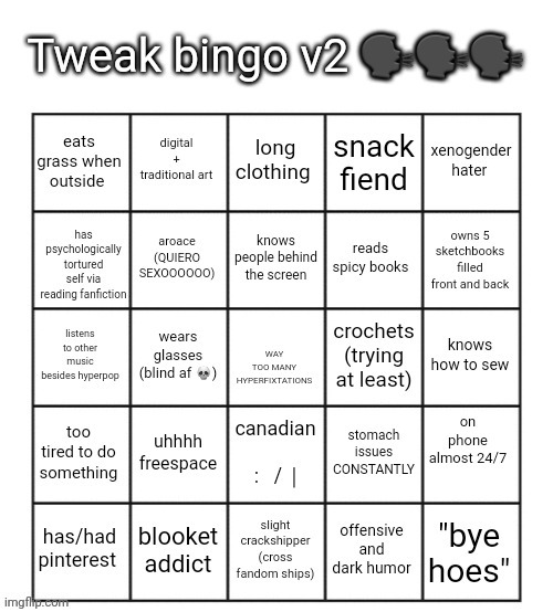 TWEKKS | image tagged in tweak bingo v2 1 1 1 1 11 | made w/ Imgflip meme maker