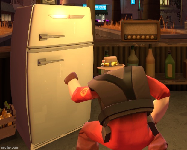demoman laughing at a fridge | image tagged in tf2,demoman,team fortress 2,memes,you have been eternally cursed for reading the tags | made w/ Imgflip meme maker