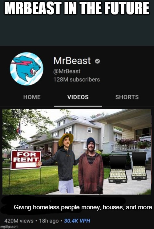 mrbeast in future | MRBEAST IN THE FUTURE; Giving homeless people money, houses, and more | image tagged in mrbeast thumbnail template | made w/ Imgflip meme maker