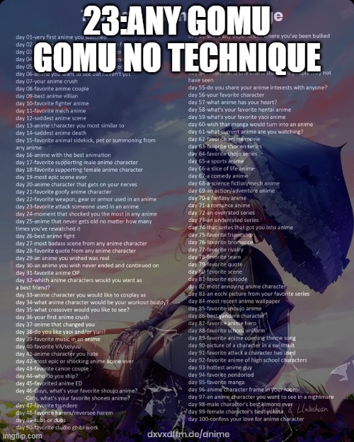 100 day anime challenge | 23:ANY GOMU GOMU NO TECHNIQUE | image tagged in 100 day anime challenge | made w/ Imgflip meme maker