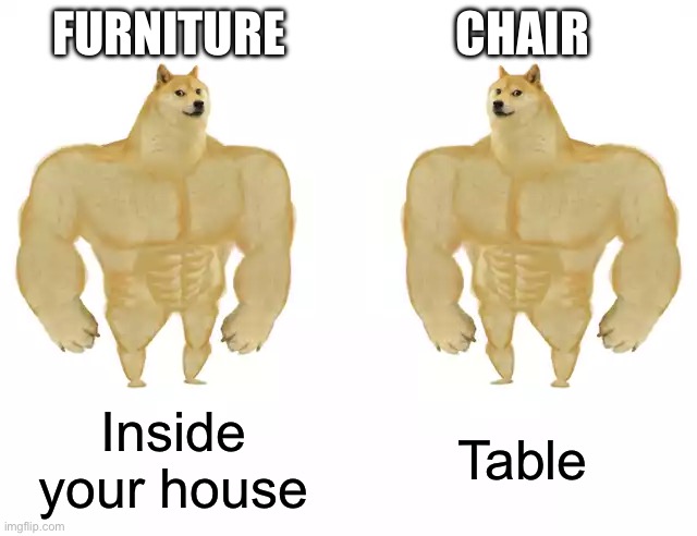 Buff Doge vs Buff Doge | FURNITURE CHAIR Inside your house Table | image tagged in buff doge vs buff doge | made w/ Imgflip meme maker