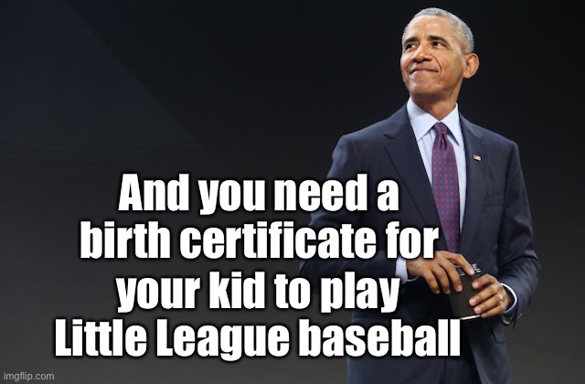 Barak Obama | And you need a birth certificate for your kid to play Little League baseball | image tagged in barak obama | made w/ Imgflip meme maker