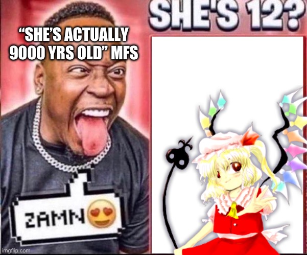 xD | “SHE’S ACTUALLY 9000 YRS OLD” MFS | image tagged in zamn she's 12 | made w/ Imgflip meme maker