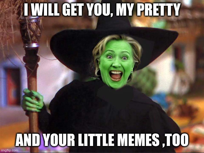 Hillary witch | I WILL GET YOU, MY PRETTY; AND YOUR LITTLE MEMES ,TOO | image tagged in hillary witch | made w/ Imgflip meme maker