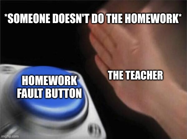 Blank Nut Button Meme | *SOMEONE DOESN'T DO THE HOMEWORK*; THE TEACHER; HOMEWORK FAULT BUTTON | image tagged in memes,blank nut button | made w/ Imgflip meme maker