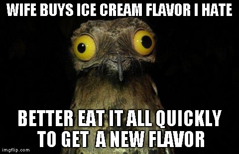 Weird Stuff I Do Potoo | WIFE BUYS ICE CREAM FLAVOR I HATE BETTER EAT IT ALL QUICKLY TO GET  A NEW FLAVOR | image tagged in memes,weird stuff i do potoo,AdviceAnimals | made w/ Imgflip meme maker