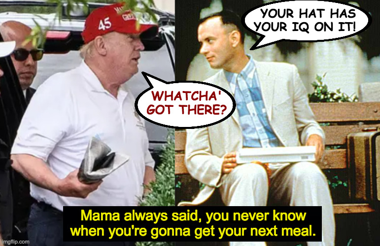 Forrest Trump. | YOUR HAT HAS
YOUR IQ ON IT! WHATCHA'
GOT THERE? Mama always said, you never know
when you're gonna get your next meal. | image tagged in memes,forrest trump,iq hat,mama said | made w/ Imgflip meme maker