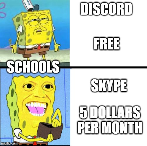 Spongebob money meme | DISCORD; FREE; SCHOOLS; SKYPE; 5 DOLLARS PER MONTH | image tagged in spongebob money meme,school,facts,funny,funny memes,lets go | made w/ Imgflip meme maker