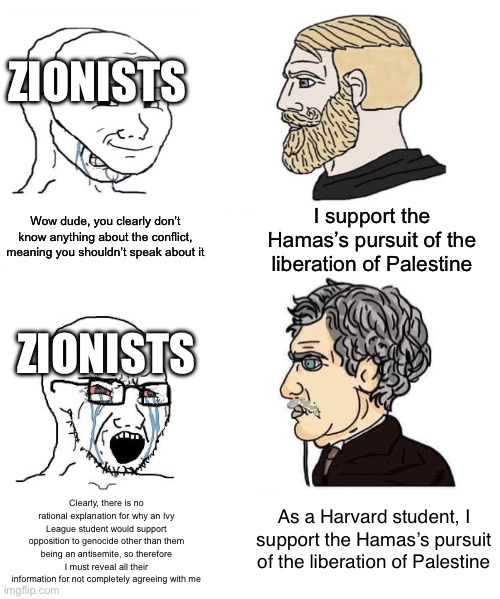 This is what “Harvard hates Jews” is all about | ZIONISTS; Wow dude, you clearly don’t know anything about the conflict, meaning you shouldn’t speak about it; I support the Hamas’s pursuit of the liberation of Palestine; ZIONISTS; Clearly, there is no rational explanation for why an Ivy League student would support opposition to genocide other than them being an antisemite, so therefore I must reveal all their information for not completely agreeing with me; As a Harvard student, I support the Hamas’s pursuit of the liberation of Palestine | image tagged in fake intellectual wojak vs philosopher chad | made w/ Imgflip meme maker