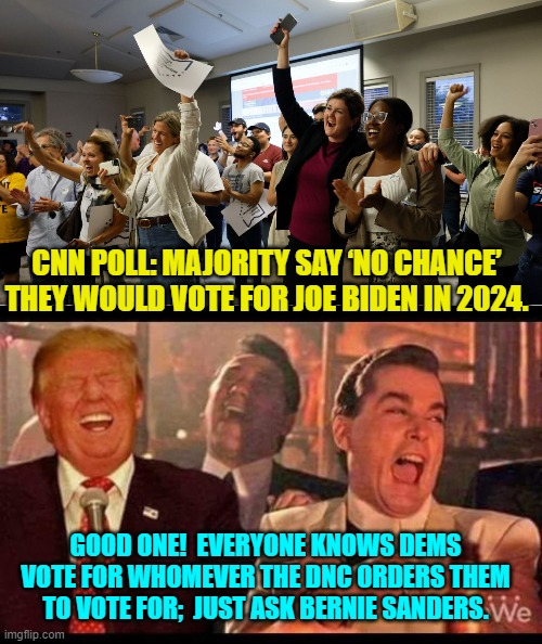 You Dem Party voters WILL receive your orders. | CNN POLL: MAJORITY SAY ‘NO CHANCE’ THEY WOULD VOTE FOR JOE BIDEN IN 2024. GOOD ONE!  EVERYONE KNOWS DEMS VOTE FOR WHOMEVER THE DNC ORDERS THEM TO VOTE FOR;  JUST ASK BERNIE SANDERS. | image tagged in yep | made w/ Imgflip meme maker