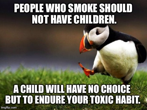 Unpopular Opinion Puffin | PEOPLE WHO SMOKE SHOULD NOT HAVE CHILDREN. A CHILD WILL HAVE NO CHOICE BUT TO ENDURE YOUR TOXIC HABIT. | image tagged in memes,unpopular opinion puffin,AdviceAnimals | made w/ Imgflip meme maker