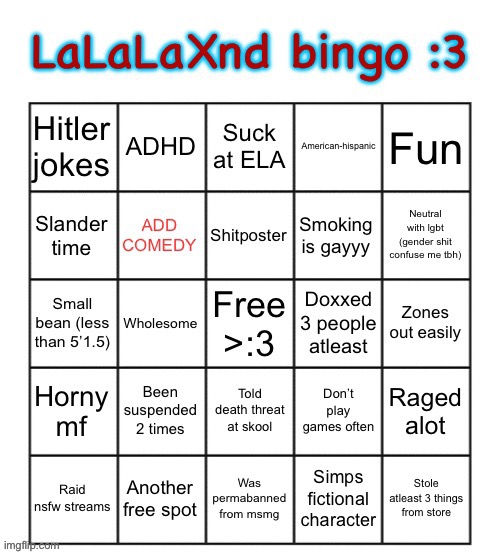 LaLaLaXnd bingo | image tagged in lalalaxnd bingo | made w/ Imgflip meme maker