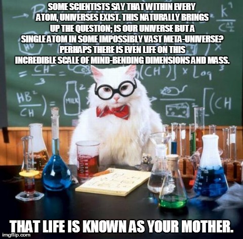 Chemistry Cat | SOME SCIENTISTS SAY THAT WITHIN EVERY ATOM, UNIVERSES EXIST. THIS NATURALLY BRINGS UP THE QUESTION; IS OUR UNIVERSE BUT A SINGLE ATOM IN SOM | image tagged in memes,chemistry cat | made w/ Imgflip meme maker