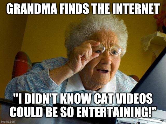 Grandma Finds The Internet | GRANDMA FINDS THE INTERNET; "I DIDN'T KNOW CAT VIDEOS COULD BE SO ENTERTAINING!" | image tagged in memes,grandma finds the internet | made w/ Imgflip meme maker