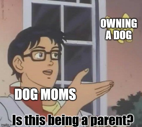 I hate Dog Moms | OWNING A DOG; DOG MOMS; Is this being a parent? | image tagged in memes,is this a pigeon,dogs,dog memes,funny dog memes | made w/ Imgflip meme maker