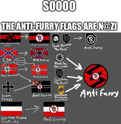 The F### is wrong with Antis? | SOOOO; THE ANTI-FURRY FLAGS ARE N@ZI | image tagged in furry,meme | made w/ Imgflip meme maker