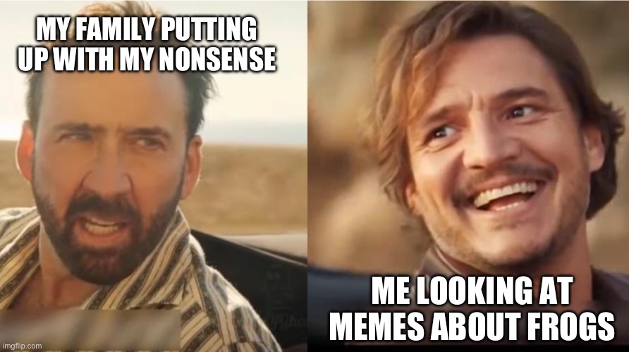 Misfit Family Member | MY FAMILY PUTTING UP WITH MY NONSENSE; ME LOOKING AT MEMES ABOUT FROGS | image tagged in pedro pascal and nicolas cage | made w/ Imgflip meme maker