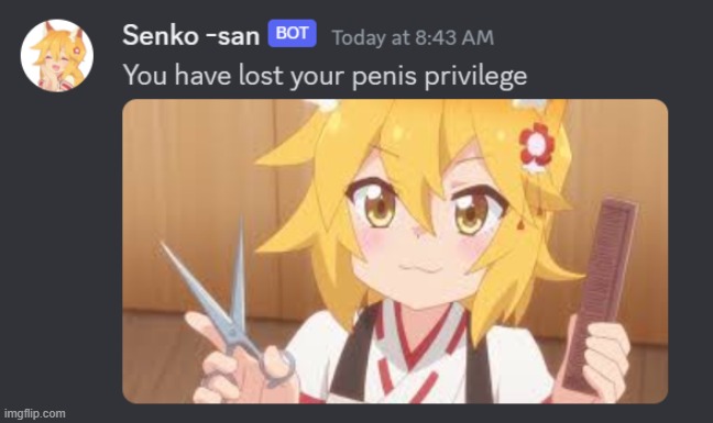 E | image tagged in senko,discord,nnn,roasted,why are you reading the tags | made w/ Imgflip meme maker