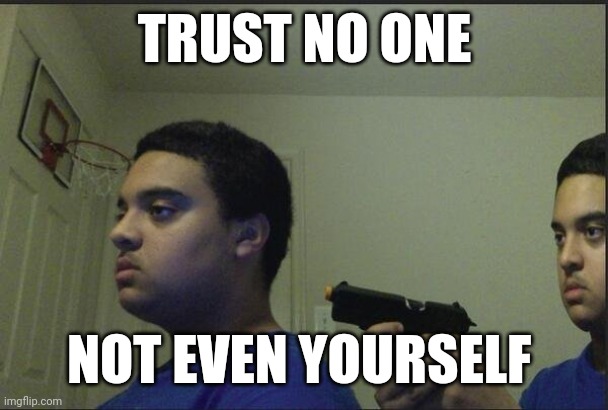 guy pointing gun at self | TRUST NO ONE NOT EVEN YOURSELF | image tagged in guy pointing gun at self | made w/ Imgflip meme maker