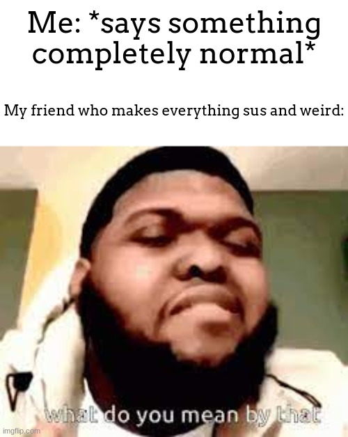 I hate people that do this frfr | Me: *says something completely normal*; My friend who makes everything sus and weird: | image tagged in what do you mean by that | made w/ Imgflip meme maker