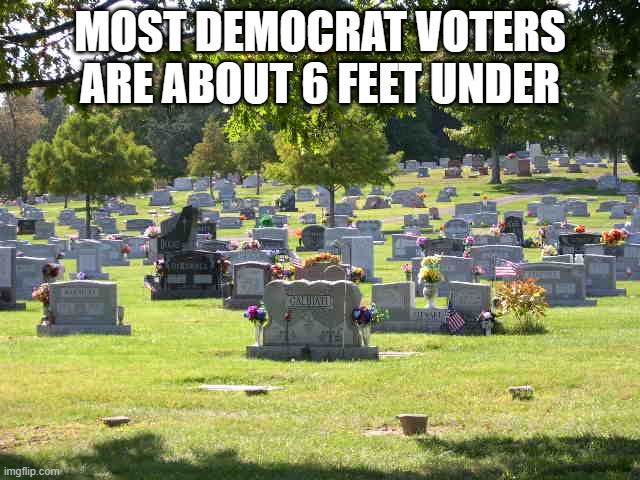 cemetery | MOST DEMOCRAT VOTERS ARE ABOUT 6 FEET UNDER | image tagged in cemetery | made w/ Imgflip meme maker