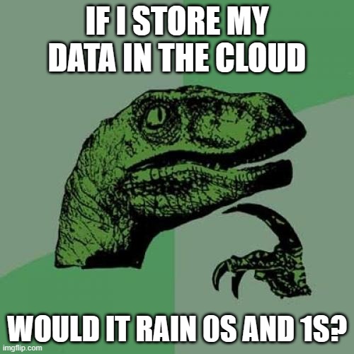 Philosoraptor Meme | IF I STORE MY DATA IN THE CLOUD; WOULD IT RAIN 0S AND 1S? | image tagged in memes,philosoraptor | made w/ Imgflip meme maker