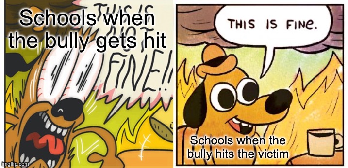 This Is Fine | Schools when the bully gets hit; Schools when the bully hits the victim | image tagged in memes,this is fine | made w/ Imgflip meme maker