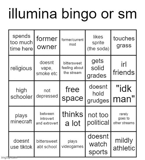 made a new bingo | illumina bingo or sm; former owner; former/current mod; touches grass; spends too much time here; likes sprite (the soda); doesnt vape, smoke etc; bittersweet feeling about the stream; gets solid grades; religious; irl friends; not depressed; free space; doesnt hold grudges; "idk man"; high schooler; between introvert and extrovert; thinks a lot; plays minecraft; not too political; rarely goes to other streams; doesnt use tiktok; bittersweet abt school; plays videogames; doesnt watch sports; mildly athletic | image tagged in blank five by five bingo grid | made w/ Imgflip meme maker