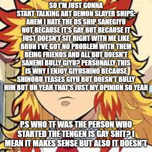 what is blud waffling about | SO I'M JUST GONNA START TALKING ABT DEMON SLAYER SHIPS: AHEM I HATE THE DS SHIP SANEGIYU NOT BECAUSE IT'S GAY BUT BECAUSE IT JUST DOESN'T SIT RIGHT WITH ME LIKE BRUH I'VE GOT NO PROBLEM WITH THEM BEING FRIENDS AND ALL BUT DOESN'T SANEMI BULLY GIYU? PERSONALLY THIS IS WHY I ENJOY GIYUSHINO BECAUSE SHINOBU TEASES GIYU BUT DOESN'T BULLY HIM BUT UH YEAH THAT'S JUST MY OPINION SO YEAH; P.S WHO TF WAS THE PERSON WHO STARTED THE TENGEN IS GAY SHIT? I MEAN IT MAKES SENSE BUT ALSO IT DOESN'T | image tagged in funky arc no 1 | made w/ Imgflip meme maker