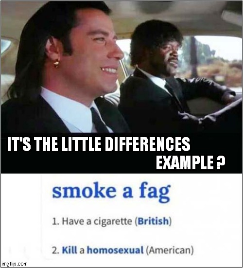 Separated By A Common Language ! | EXAMPLE ? IT'S THE LITTLE DIFFERENCES | image tagged in language,british,american,pulp fiction,dark humour | made w/ Imgflip meme maker
