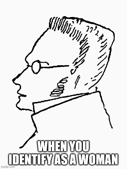 MAX STIRNER BE LIKE | WHEN YOU IDENTIFY AS A WOMAN | image tagged in max stirner | made w/ Imgflip meme maker