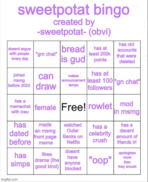 bingo is done! | image tagged in sweetpotat bingo | made w/ Imgflip meme maker