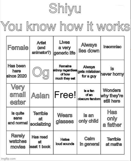 Reposting this since everyone’s doing bingos so | image tagged in shiyu | made w/ Imgflip meme maker