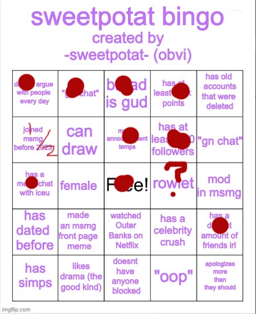 sweetpotat bingo! | image tagged in sweetpotat bingo | made w/ Imgflip meme maker