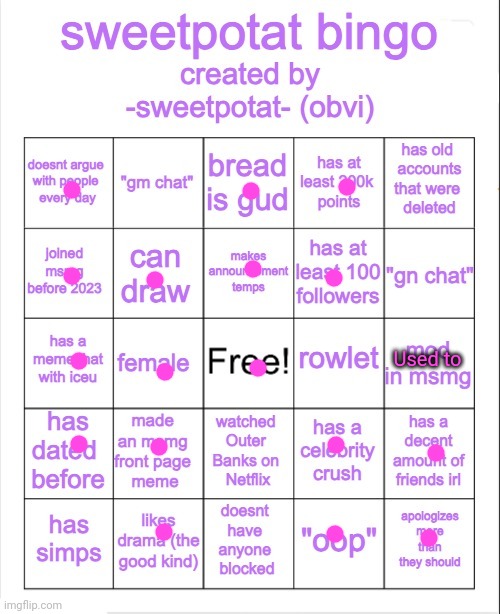 Bingoooo | Used to | image tagged in sweetpotat bingo,bingo,bingos | made w/ Imgflip meme maker