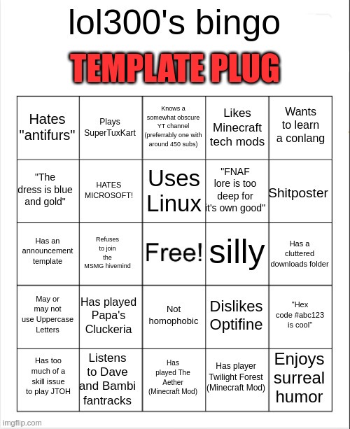 lol300's Bingo | TEMPLATE PLUG | image tagged in lol300's bingo | made w/ Imgflip meme maker