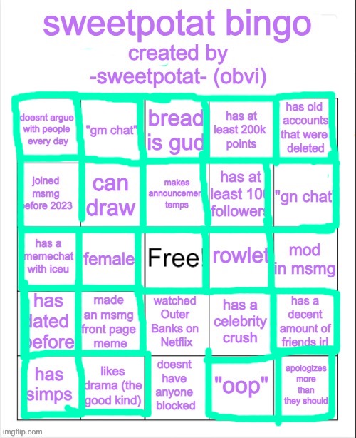 sweetpotat bingo! | image tagged in sweetpotat bingo | made w/ Imgflip meme maker
