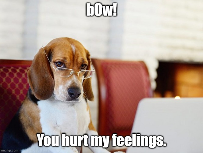 Smart beagle | bOw! You hurt my feelings. | image tagged in smart beagle | made w/ Imgflip meme maker