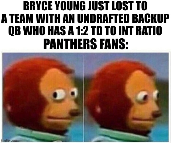 The Panthers are terrible | BRYCE YOUNG JUST LOST TO A TEAM WITH AN UNDRAFTED BACKUP QB WHO HAS A 1:2 TD TO INT RATIO; PANTHERS FANS: | image tagged in memes,monkey puppet,carolina panthers,nfl memes,nfl,bad | made w/ Imgflip meme maker
