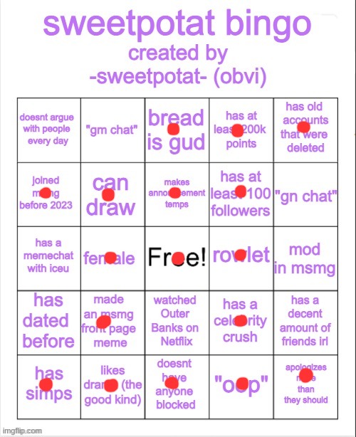sweetpotat bingo! | image tagged in sweetpotat bingo | made w/ Imgflip meme maker