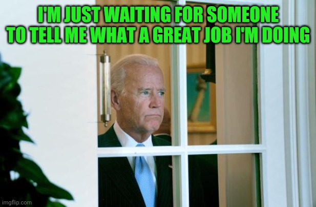 Doing a great job | I'M JUST WAITING FOR SOMEONE TO TELL ME WHAT A GREAT JOB I'M DOING | image tagged in sad joe biden,funny memes | made w/ Imgflip meme maker