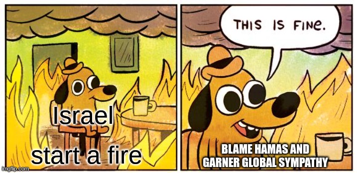 Inconvenient | Israel; start a fire; BLAME HAMAS AND GARNER GLOBAL SYMPATHY | image tagged in memes,this is fine,hamas,israel | made w/ Imgflip meme maker