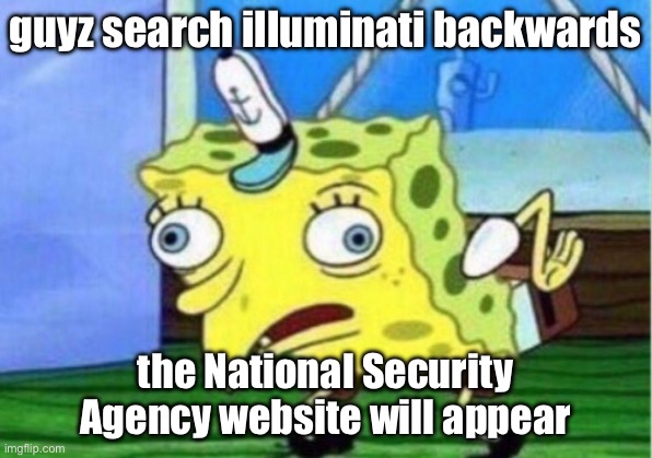 Ayo?! | guyz search illuminati backwards; the National Security Agency website will appear | image tagged in memes,mocking spongebob | made w/ Imgflip meme maker