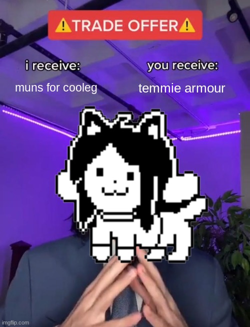 Trade Offer | muns for cooleg; temmie armour | image tagged in trade offer | made w/ Imgflip meme maker