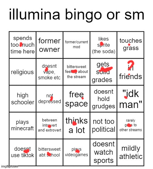 does irl friends mean you have them or your irl friends with a user here? | image tagged in illumina bingo v2 | made w/ Imgflip meme maker